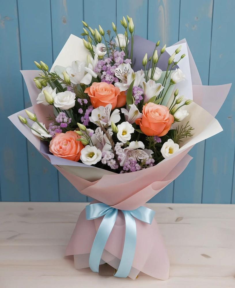 Букет цветов из: Лизиантусы, Розы, Альстромерии и Гипсофила в Макарьеве