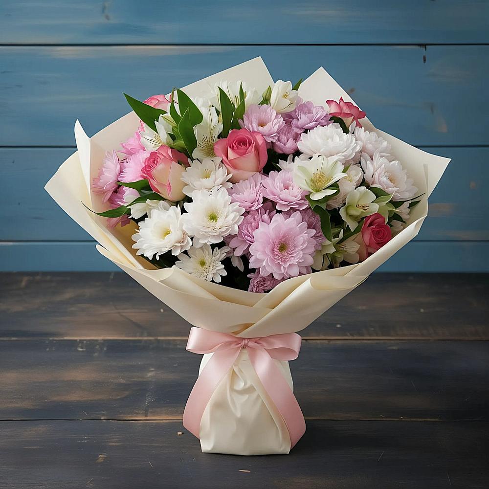 Букет цветов из: Хризантемы, Альстромерии и Розы в Макарьеве